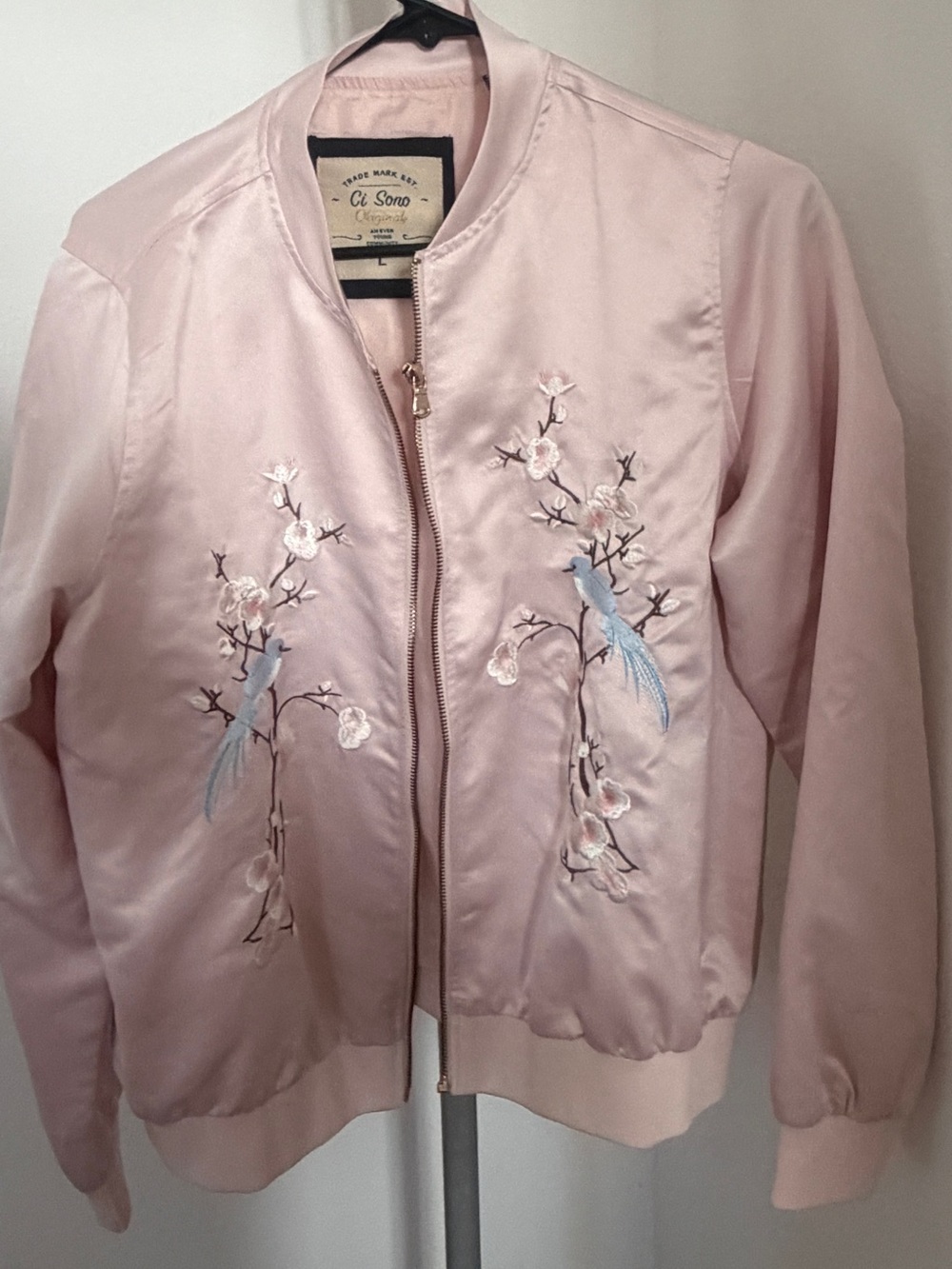 Ci Sono Light Pink Satin Bomber Jacket with Embroidered Birds